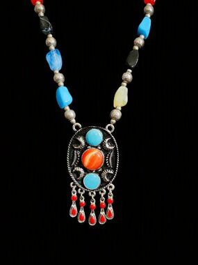 Vintage 90s Southwestern Tribal Boho Statement Necklace 23"  Fringe Tassel